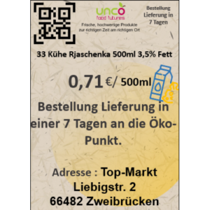 33 Kühe Rjaschenka 500ml 3,5% Fett
